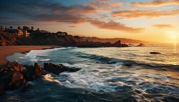 AI generated Sunset over the coastline, waves crash on rocky cliffs generated by AI photo