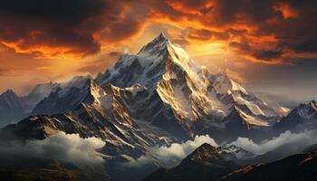 AI generated Majestic mountain range, snow capped peaks, tranquil meadow, dramatic sky generated by AI photo