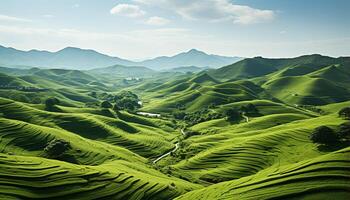 AI generated Idyllic rice paddy meadow, rolling landscape, mountain range, tranquil scene generated by AI photo