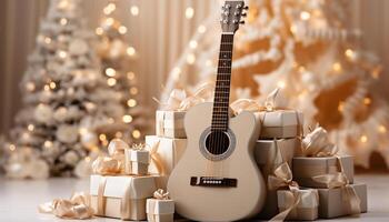 ai generado celebracion de invierno regalo caja, guitarra, Navidad luces iluminar generado por ai foto