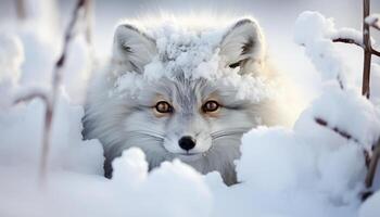 ai generado linda rojo zorro perrito sentado en Nevado invierno bosque generado por ai foto