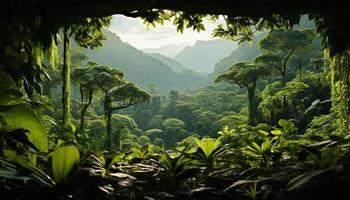 AI generated Tropical rainforest, mountain peak, green tree, meadow, tranquil scene generated by AI photo