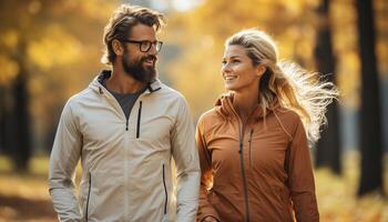 ai generado joven adultos disfrutando otoño al aire libre, corriendo en el bosque juntos generado por ai foto