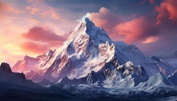 ai generado majestuoso montaña cima, nieve cubierto, puesta de sol pinturas dramático cielo generado por ai foto