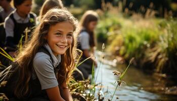 ai generado sonriente muchachas disfrutando naturaleza, alegre infancia en el al aire libre generado por ai foto