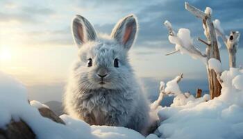 AI generated Cute fluffy rabbit sitting in snow, enjoying winter outdoors generated by AI photo