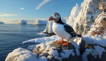 ai generado un linda frailecillo encaramado en un acantilado, con vista a el glacial mar generado por ai foto