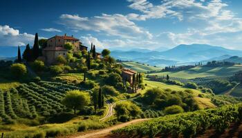 AI generated Idyllic Italian farmhouse in rolling landscape, surrounded by vineyards generated by AI photo