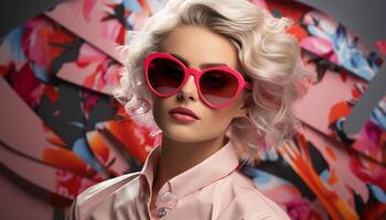 AI generated Beautiful blond woman in sunglasses exudes elegance and glamour generated by AI photo