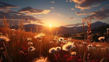 AI generated Sunset over meadow, nature beauty in a tranquil scene generated by AI photo