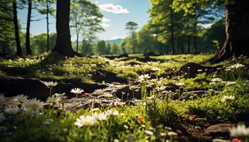 AI generated The green forest meadow blossoms with wildflowers in summer generated by AI photo