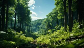 AI generated Tranquil scene  green meadow, tree, mountain, sunlight, blue sky generated by AI photo