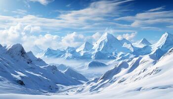 ai generado majestuoso montaña cima, azul cielo, congelado paisaje, tranquilo belleza generado por ai foto