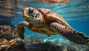 AI generated A slow turtle swims in the blue underwater paradise generated by AI photo