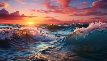 AI generated Sunset over the water, nature beauty in a tranquil seascape generated by AI photo