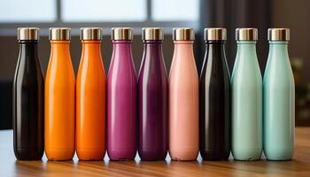 AI generated A collection of colorful bottles on a clean table generated by AI photo