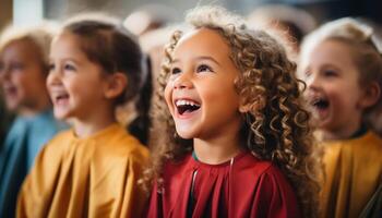 ai generado grupo de niños jugando y riendo en un salón de clases generado por ai foto