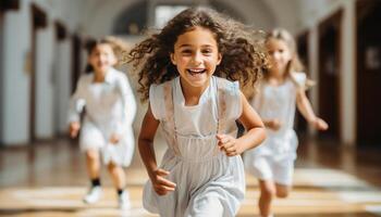 ai generado grupo de niños sonriente, baile, y jugando en un colegio generado por ai foto