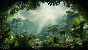 AI generated Tropical rainforest, palm trees, fog, and lush green landscape generated by AI photo