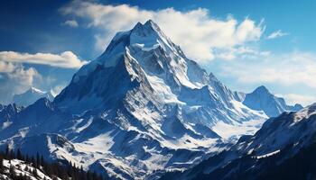 AI generated Majestic mountain peak, panoramic landscape, tranquil scene, serene forest generated by AI photo