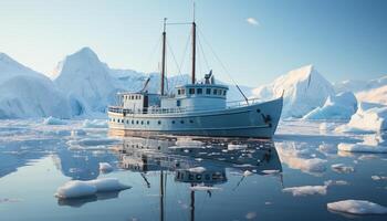 AI generated Yacht sails through frozen arctic, reflecting tranquil mountain landscape generated by AI photo