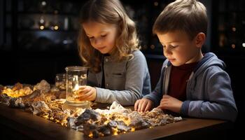 AI generated Two cute children baking cookies together in a cozy kitchen generated by AI photo