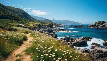 AI generated Idyllic summer meadow, tranquil coastline, clear sky, green mountains generated by AI photo