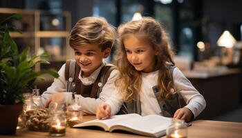 ai generado dos muchachas y dos Niños sonriente, leyendo un libro juntos generado por ai foto