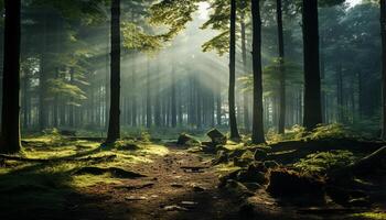 ai generado misterioso otoño bosque, tranquilo camino, naturaleza belleza en verde generado por ai foto