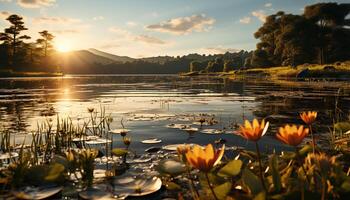 ai generado tranquilo escena puesta de sol refleja en agua, naturaleza belleza flores generado por ai foto