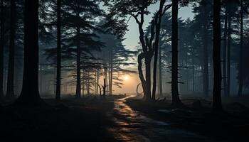 ai generado misterioso bosque silueta, oscuro y escalofriante, con niebla y luz de la luna generado por ai foto