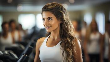 AI generated One young woman, smiling, exercising in a gym, looking at camera generated by AI photo