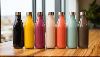 AI generated A collection of colorful glass bottles filled with fresh drinks generated by AI photo