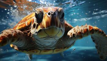 ai generado un lento mar Tortuga nadando submarino, mirando a cámara generado por ai foto