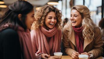 AI generated Group of young adults enjoying coffee and laughter at a cafe generated by AI photo