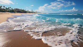 ai generado tropical línea costera, azul ola, puesta de sol belleza en naturaleza paisaje generado por ai foto
