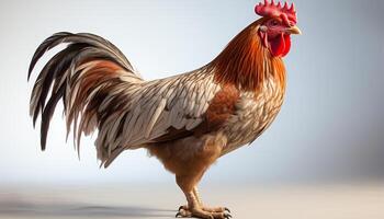 ai generado un majestuoso gallo en pie en un granja, mirando a cámara generado por ai foto