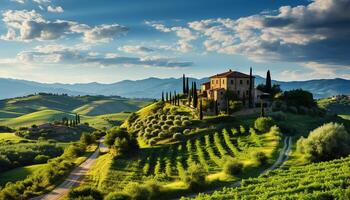 AI generated Idyllic Italian farmhouse in rolling green meadow at sunset generated by AI photo