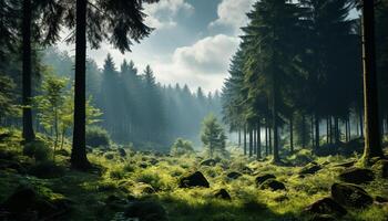 ai generado tranquilo escena verde prado, pino árbol, niebla, montaña, luz de sol generado por ai foto