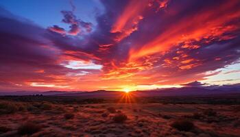 AI generated Majestic mountain range, tranquil dusk, dramatic sky, orange horizon generated by AI photo