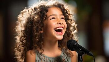 ai generado sonriente cantante, alegre ejecutante, canto con felicidad, mirando a cámara generado por ai foto