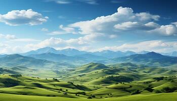 AI generated Tranquil meadow, rolling landscape, green grass, mountain peak, blue sky generated by AI photo