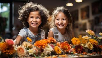 ai generado sonriente chicas, alegre y lindo, disfrutando naturaleza juguetón flor divertido generado por ai foto