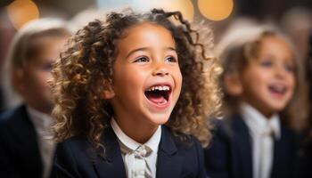 ai generado sonriente muchachas y Niños, alegre y lindo, adentro felicidad generado por ai foto