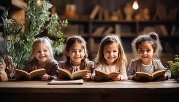 ai generado sonriente muchachas lectura, aprendiendo, unión felicidad en infancia generado por ai foto