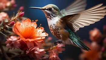 ai generado colibrí flotando, vibrante plumas desparramar, polinizando flores en naturaleza generado por ai foto