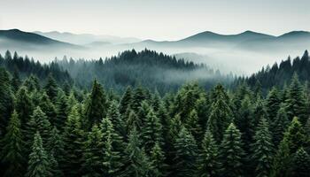 ai generado tranquilo escena montaña cima, niebla, conífero árbol, verde color, amanecer generado por ai foto