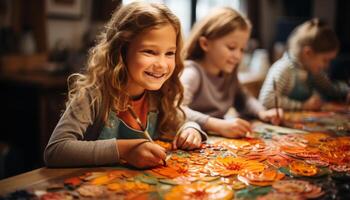 ai generado sonriente muchachas disfrutando Arte y artesanía, creando alegre familia divertido generado por ai foto