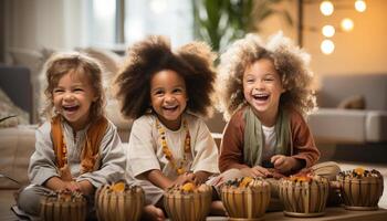 ai generado sonriente niños jugando, unión, y disfrutando alegre unión adentro generado por ai foto