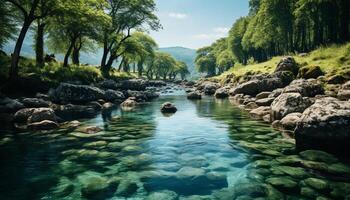 AI generated Tranquil scene  green forest, flowing water, reflecting mountain beauty generated by AI photo